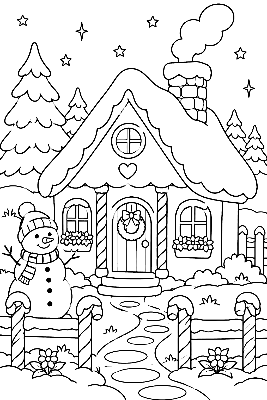 Little cottage with candy cane fence posts and a snowy roof coloring page