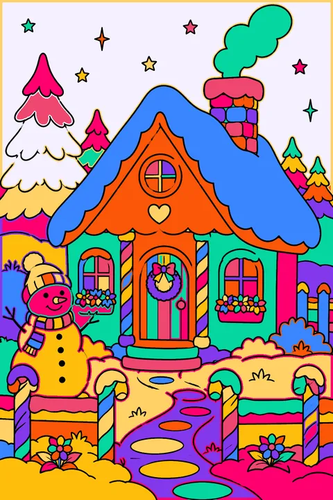 Little cottage with candy cane fence posts and a snowy roof coloring page