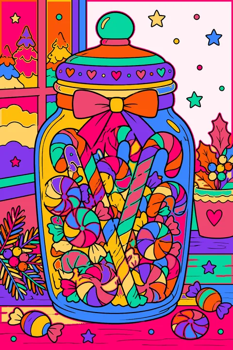 Glass jar filled with candy canes and peppermint candies coloring page