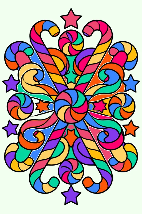 Candy cane mandala with peppermint swirls, stars and curling ribbons coloring page