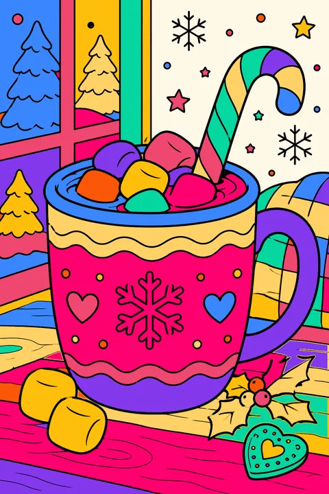 Mug of hot cocoa with a candy cane and marshmallows coloring page