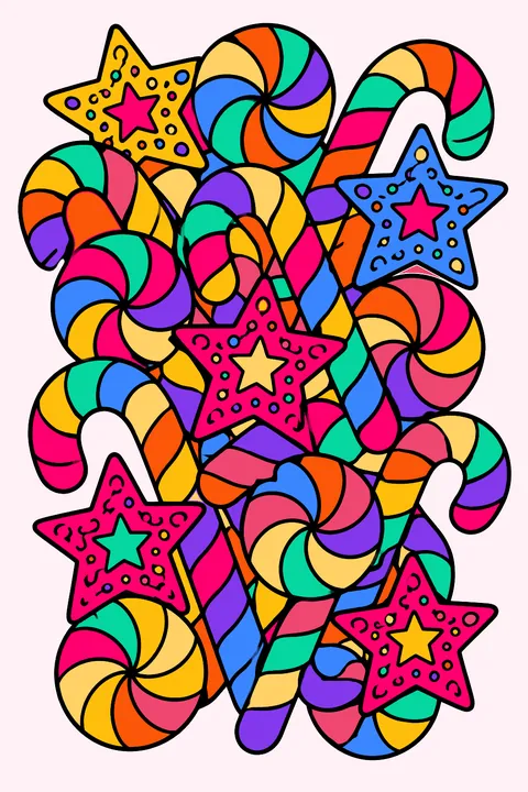 Intricate pattern of interlocking candy canes, stars and peppermint swirls coloring page
