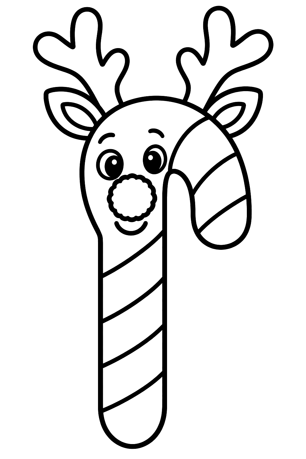 Candy cane shaped like a reindeer with antlers and a pom pom nose coloring page