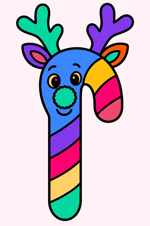 Candy cane shaped like a reindeer with antlers and a pom pom nose coloring page