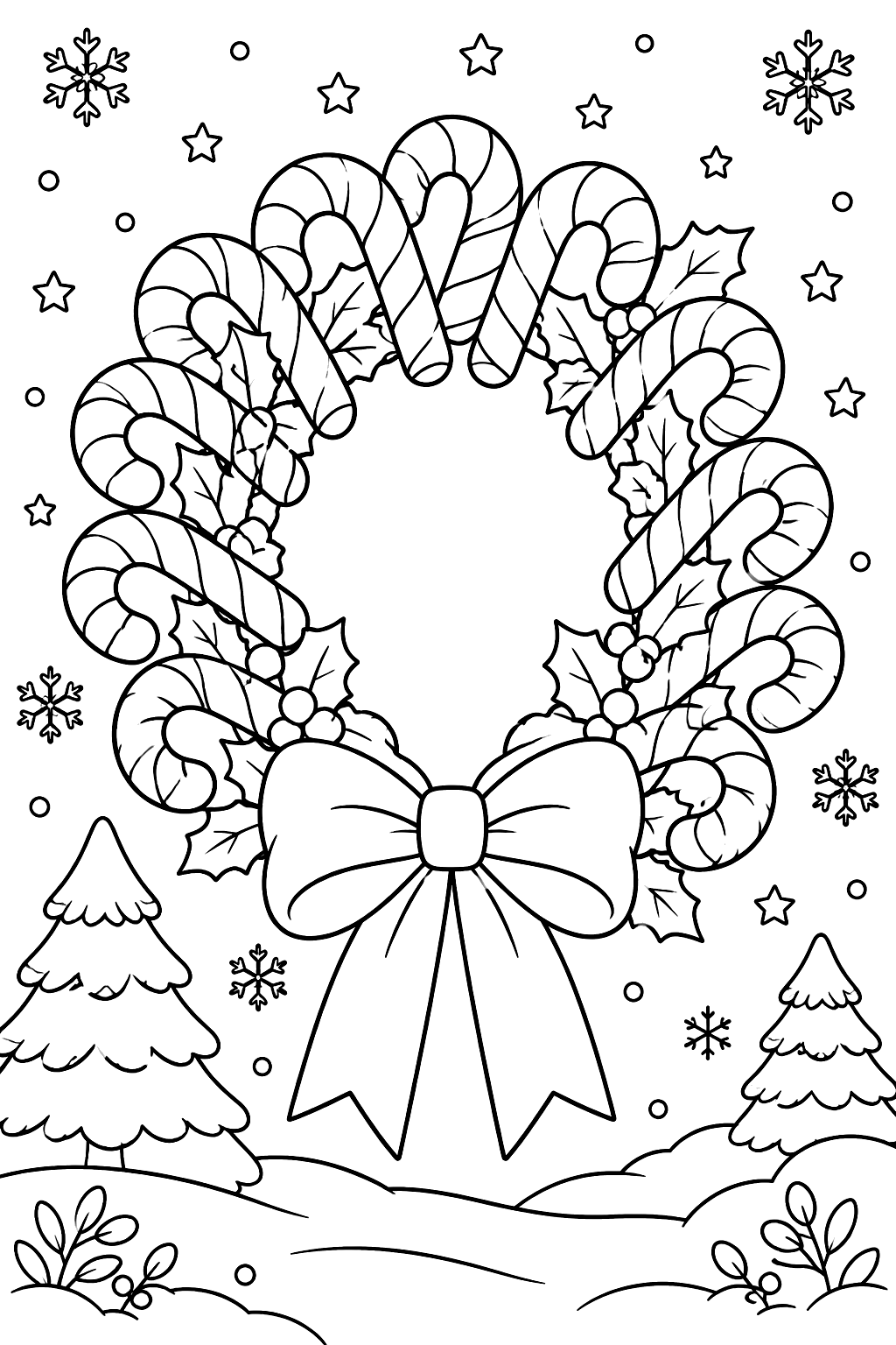 Wreath made of candy canes with a big bow at the bottom coloring page