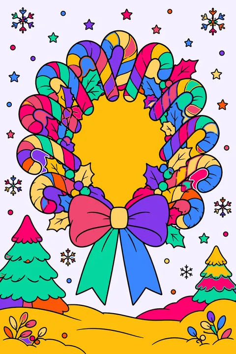 Wreath made of candy canes with a big bow at the bottom coloring page