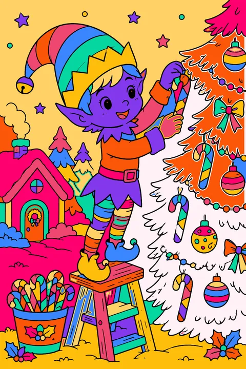 Cheerful elf hanging candy canes on a christmas tree branch coloring page