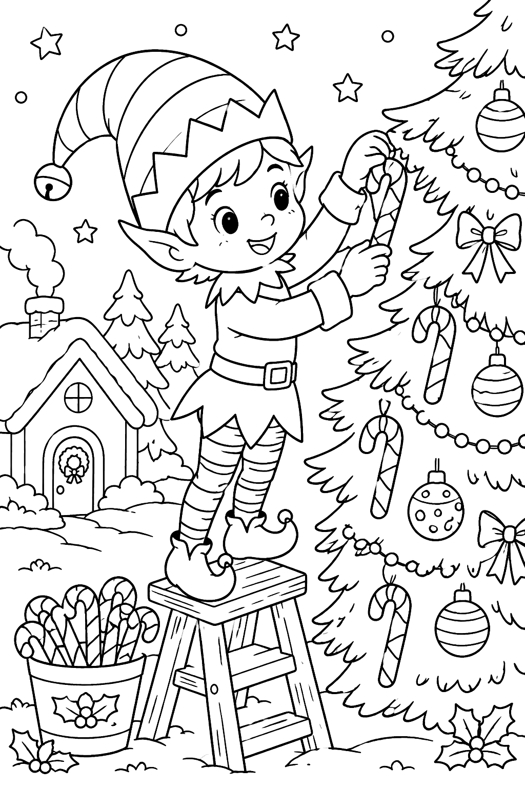 Cheerful elf hanging candy canes on a christmas tree branch coloring page