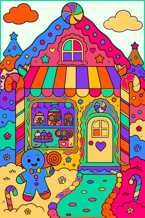 Gingerbread candy shop with candy cane columns and a striped awning coloring page