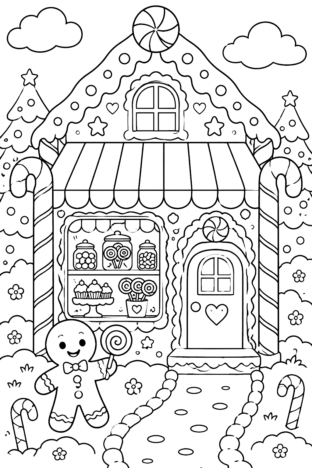 Gingerbread candy shop with candy cane columns and a striped awning coloring page