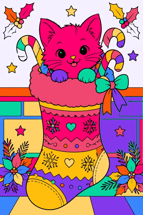Kitten peeking out of a stocking filled with candy canes coloring page