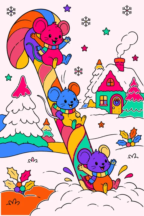 Mice sliding down a giant candy cane into a pile of snow coloring page
