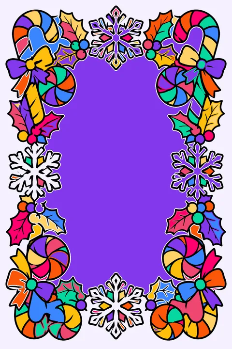 Ornate frame of candy canes, peppermints, holly and lace snowflakes coloring page