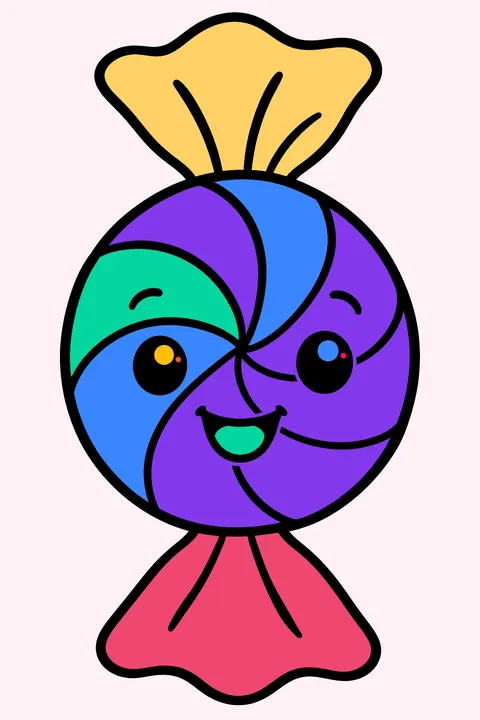 Round peppermint candy with swirl stripes and twisted wrapper ends coloring page