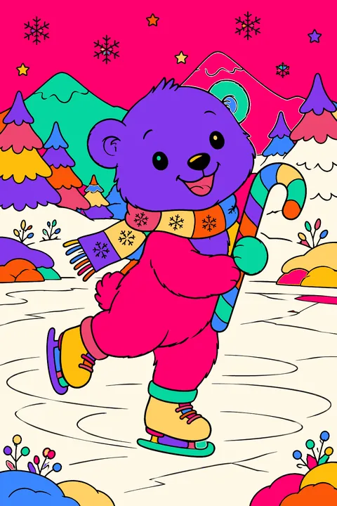 Polar bear cub skating on a frozen pond with a candy cane coloring page