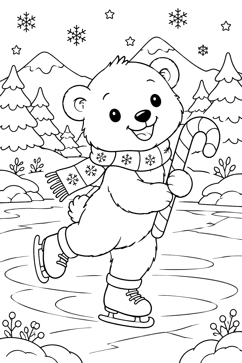 Polar bear cub skating on a frozen pond with a candy cane coloring page