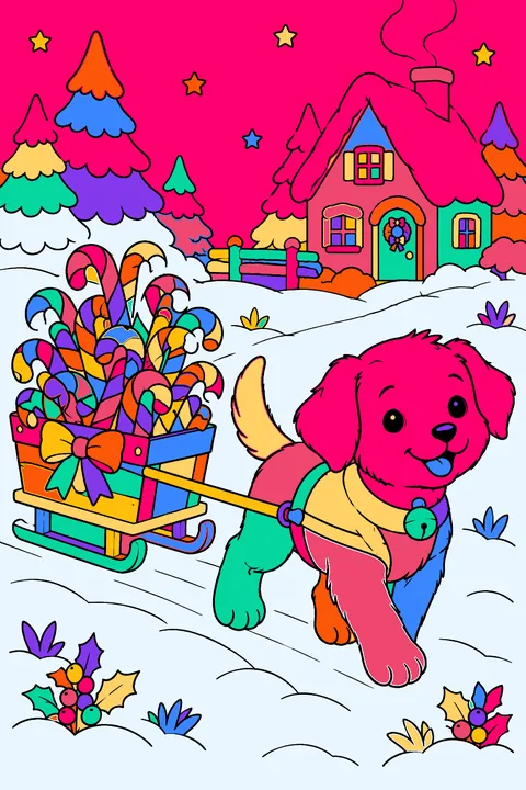 Puppy pulling a small sled piled high with candy canes coloring page