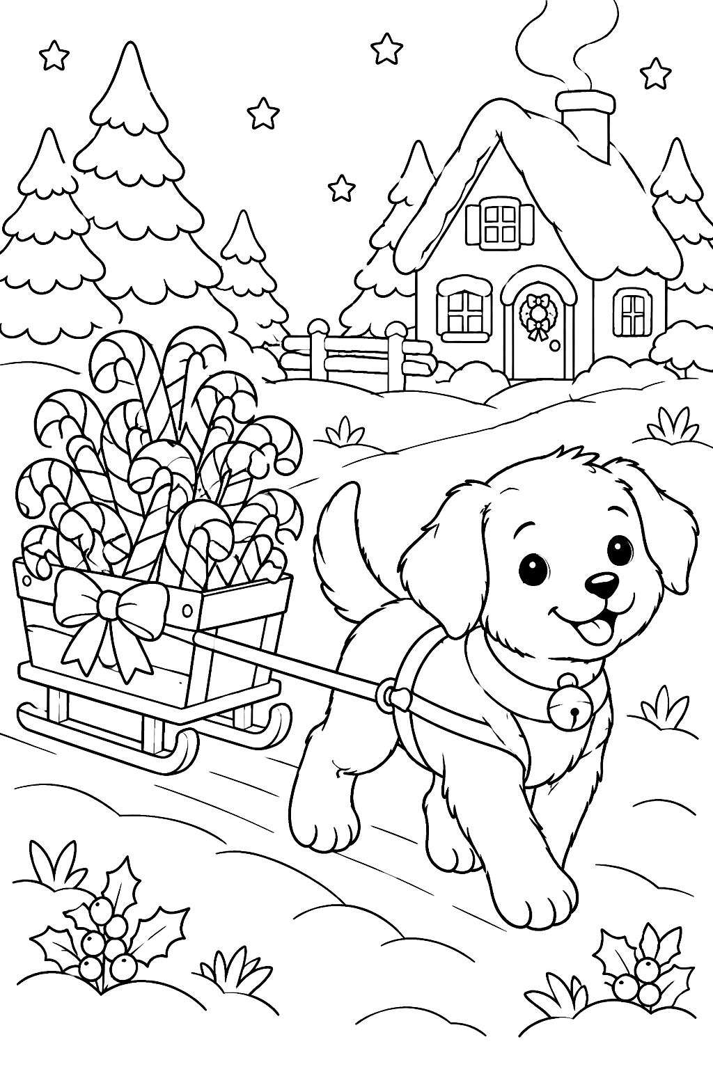 Puppy pulling a small sled piled high with candy canes coloring page