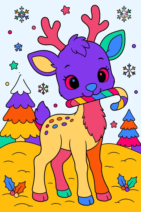Baby reindeer holding a candy cane in its mouth in the snow coloring page
