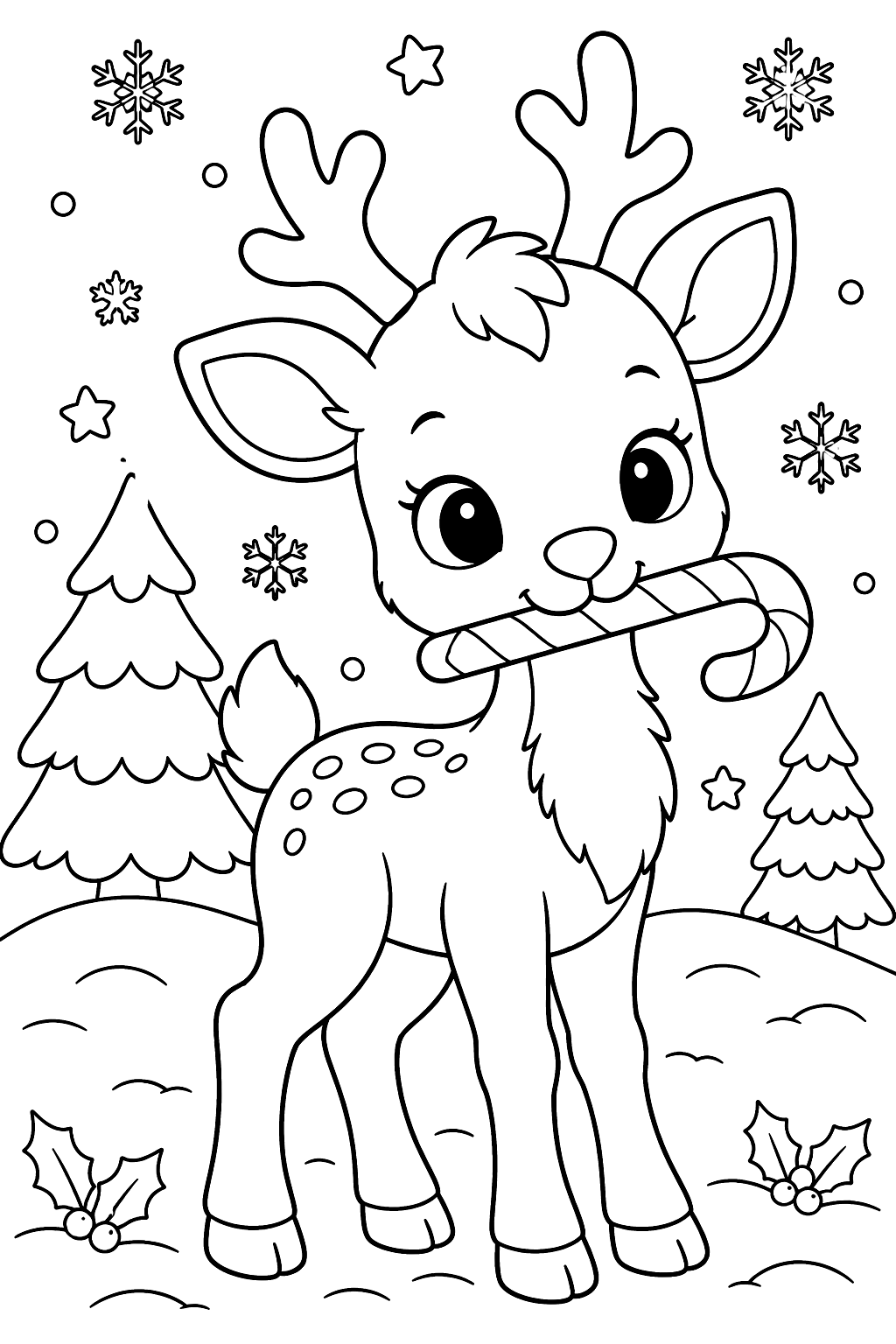 Baby reindeer holding a candy cane in its mouth in the snow coloring page