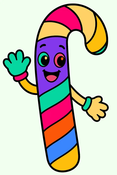 Smiling candy cane character with arms waving hello coloring page