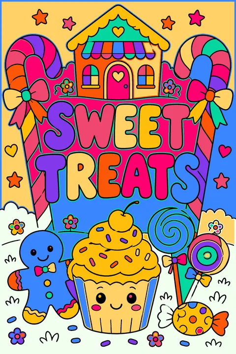 Big outline letters spelling sweet treats framed by candy canes coloring page