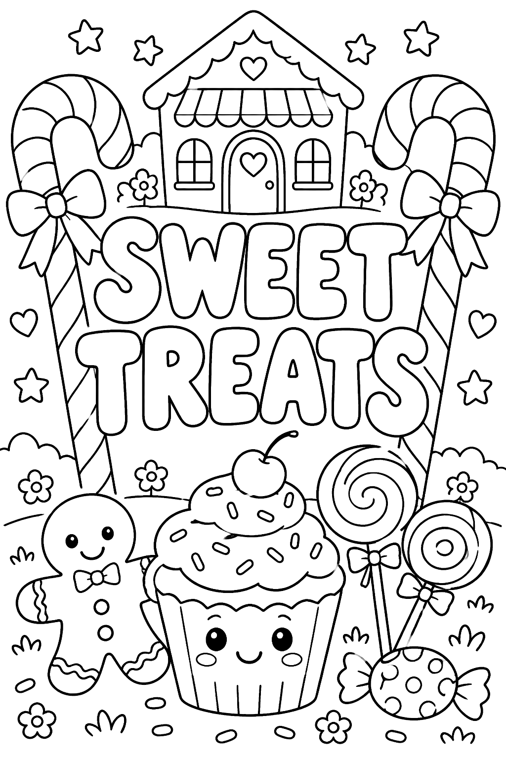 Big outline letters spelling sweet treats framed by candy canes coloring page