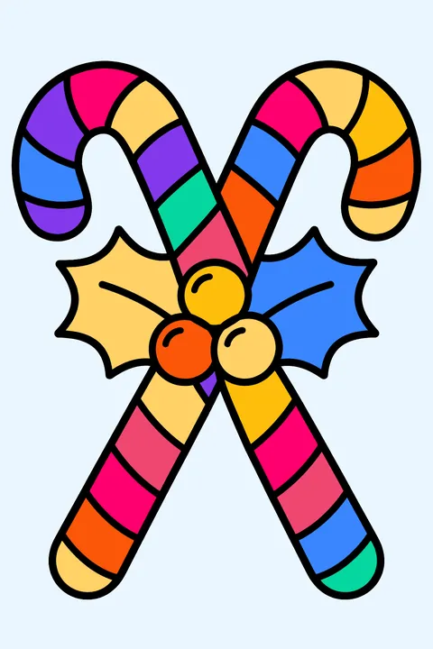 Two crossed candy canes with holly leaves and berries coloring page