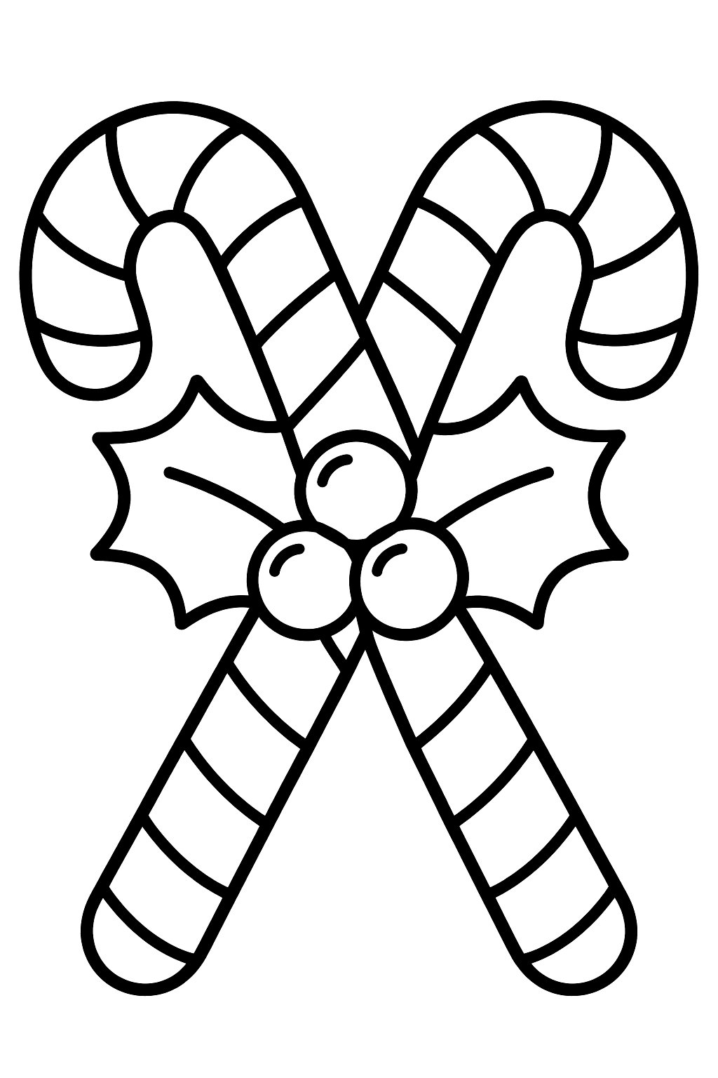 Two crossed candy canes with holly leaves and berries coloring page