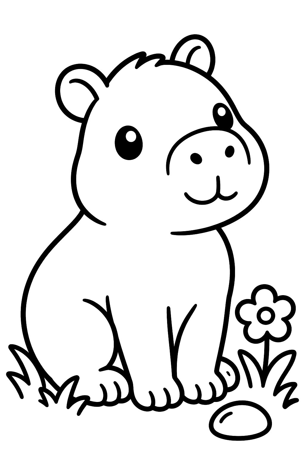 Baby capybara sitting on grass next to a flower and a pebble coloring page