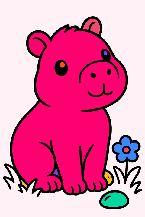 Baby capybara sitting on grass next to a flower and a pebble coloring page