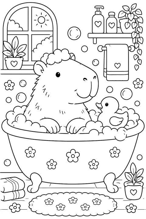 Capybara taking a bubble bath with a rubber duck coloring page