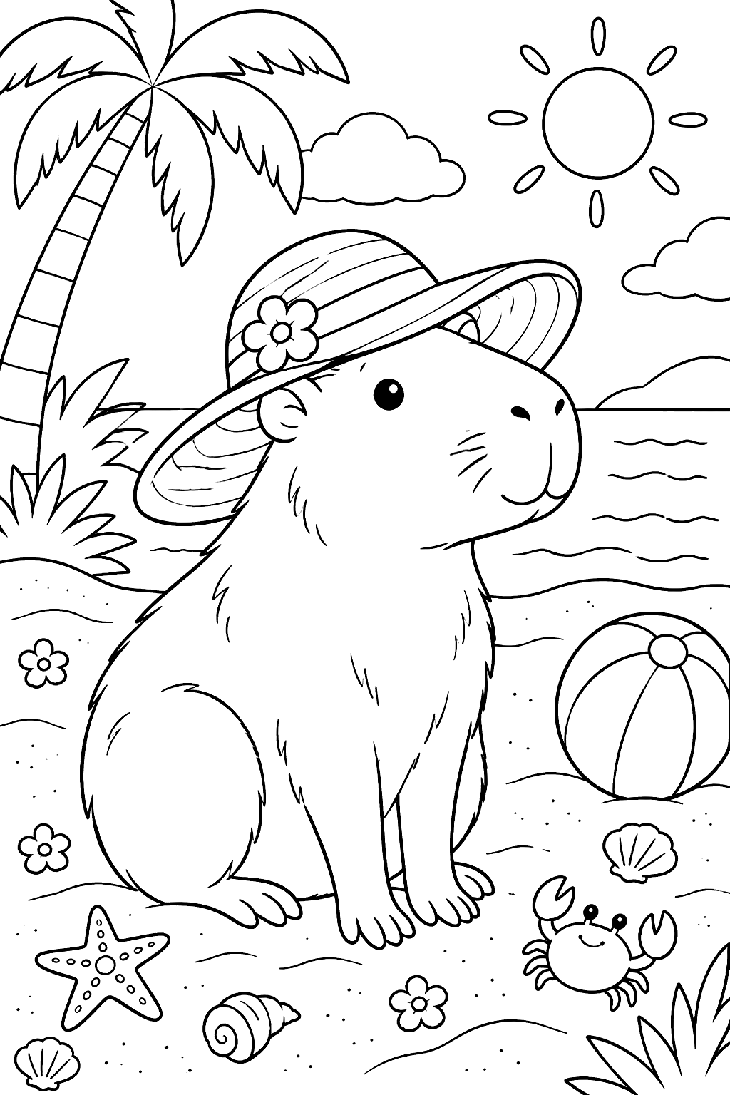 Capybara in a sun hat on the beach coloring page