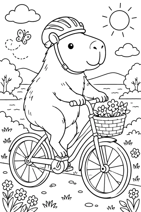 Capybara riding a bicycle coloring page