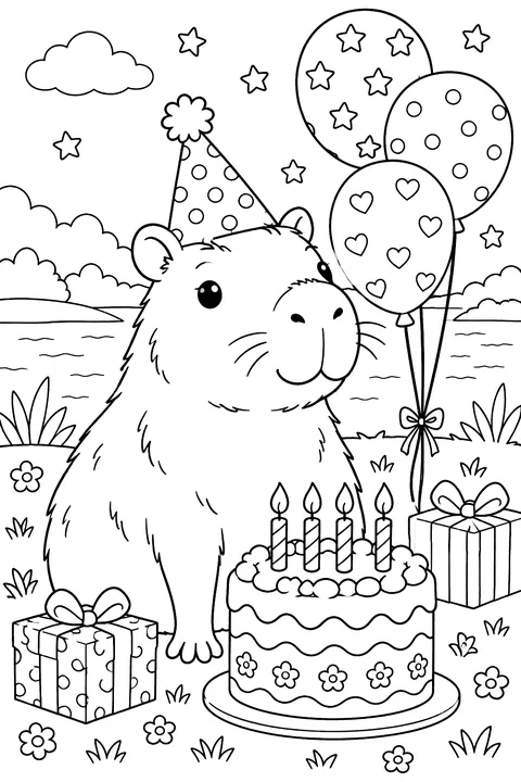 Capybara with a birthday cake and balloons coloring page