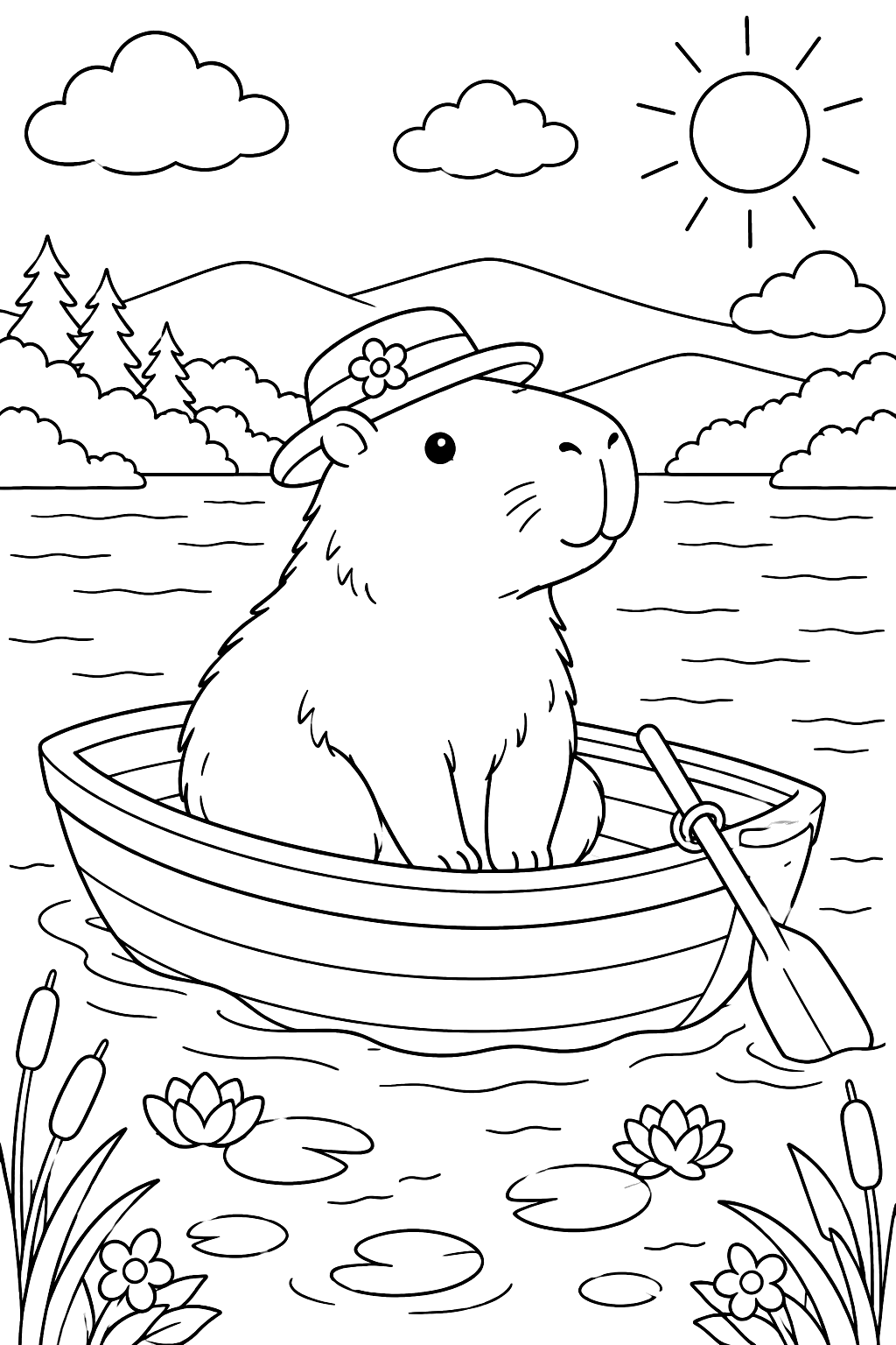 Capybara floating in a small boat on a lake coloring page
