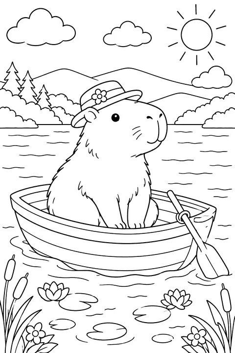 Capybara floating in a small boat on a lake coloring page