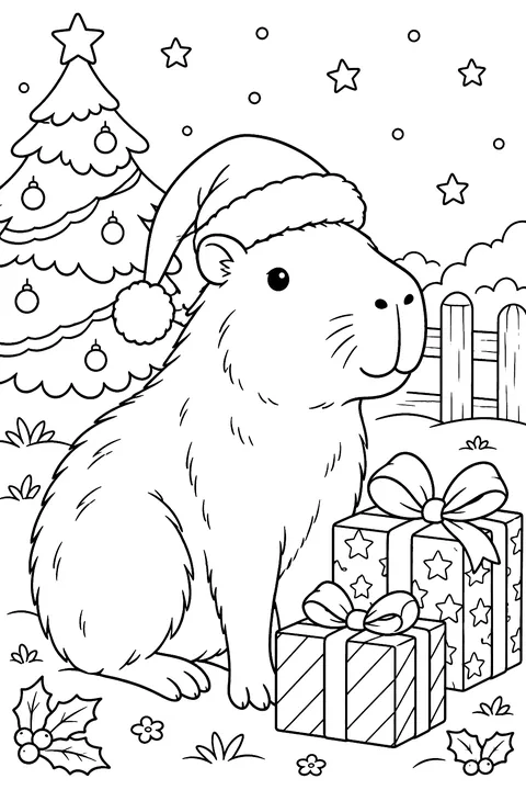 Capybara in a Santa hat beside presents coloring page