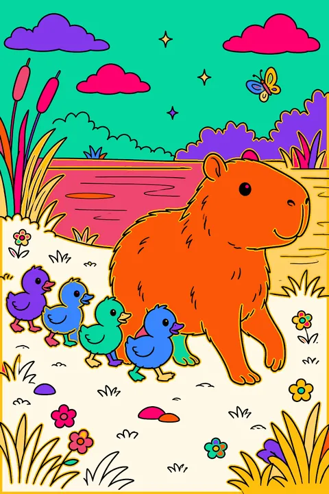 Capybara with a line of ducklings following coloring page