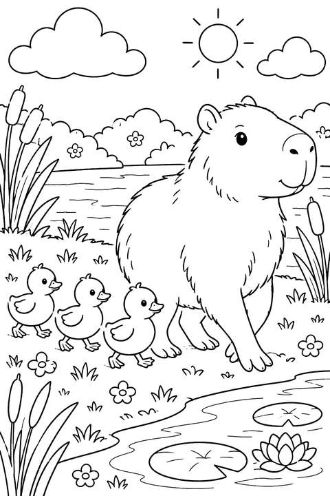 Capybara with a line of ducklings following coloring page