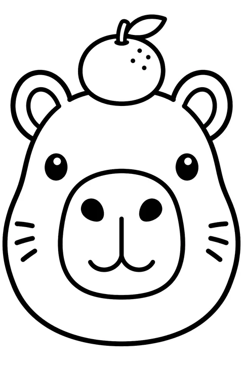 Cute capybara face with an orange on top coloring page