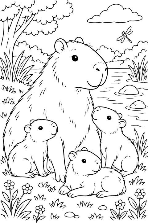 Capybara mother with babies by a river coloring page