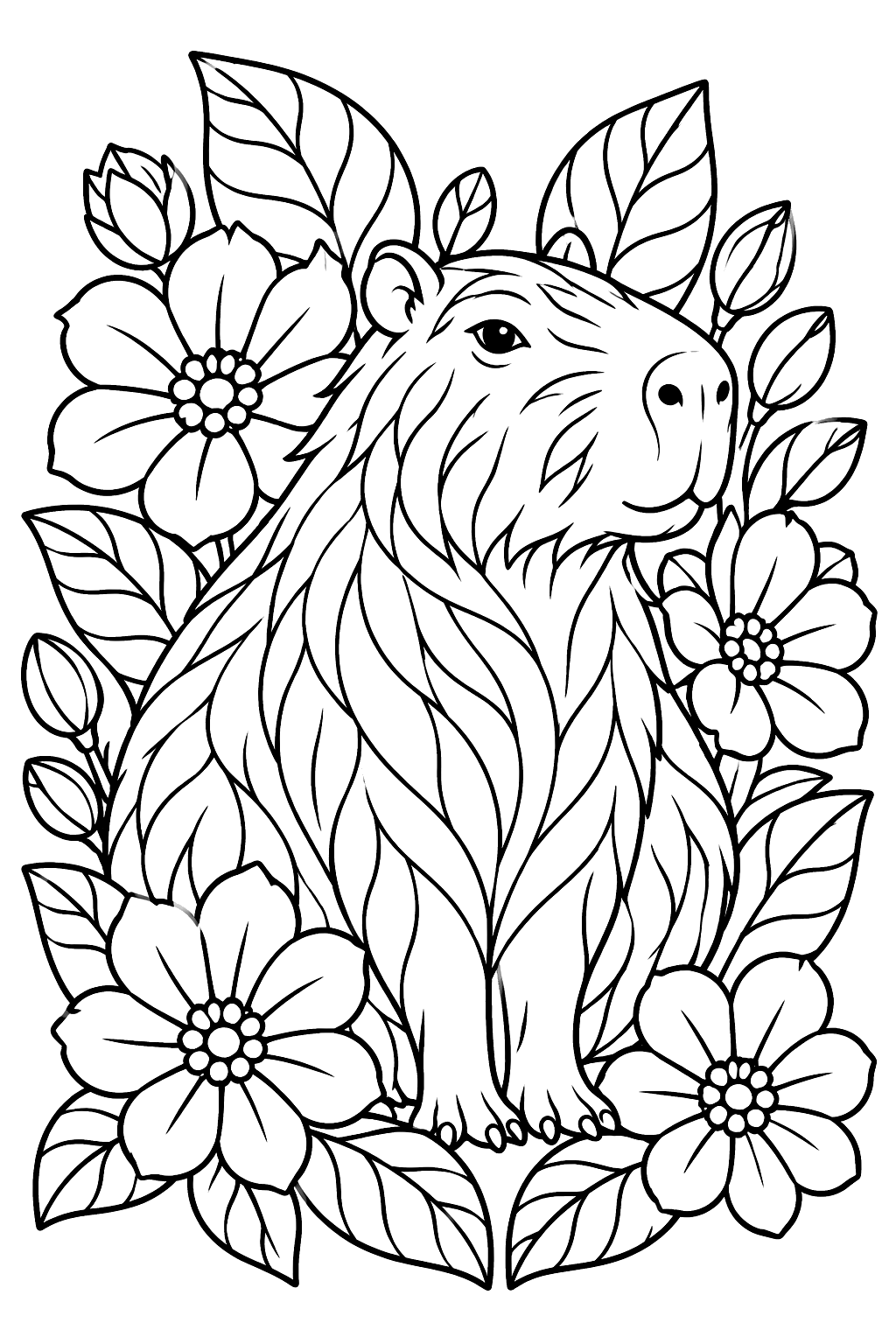 Capybara surrounded by intricate flowers and leaves coloring page