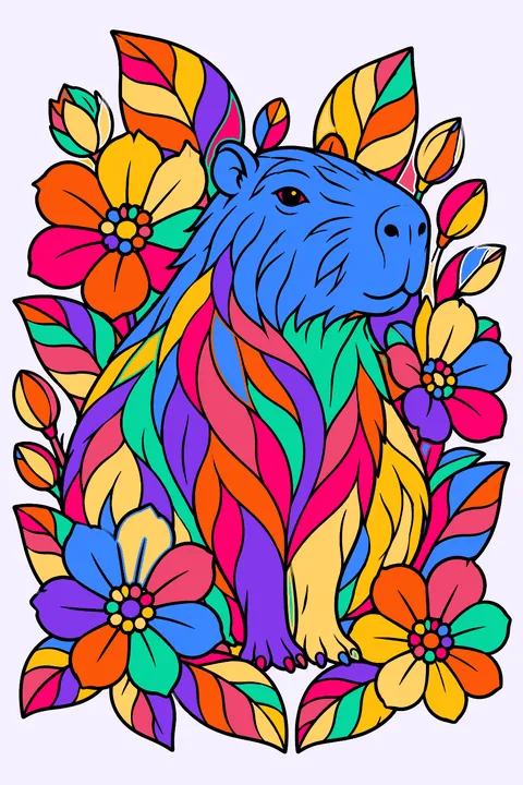 Capybara surrounded by intricate flowers and leaves coloring page