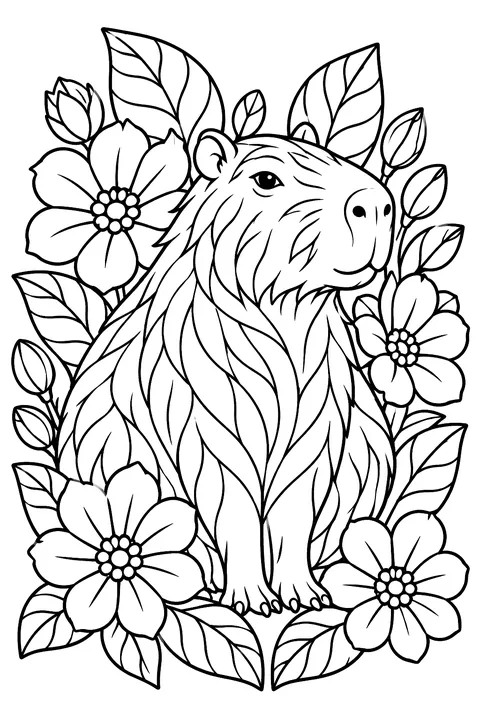 Capybara surrounded by intricate flowers and leaves coloring page