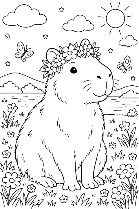 Capybara wearing a flower crown in a meadow coloring page