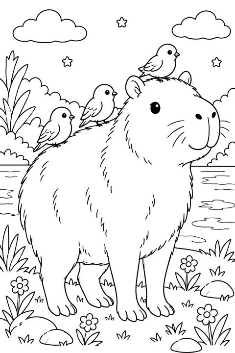 Capybara with little birds sitting on its back coloring page