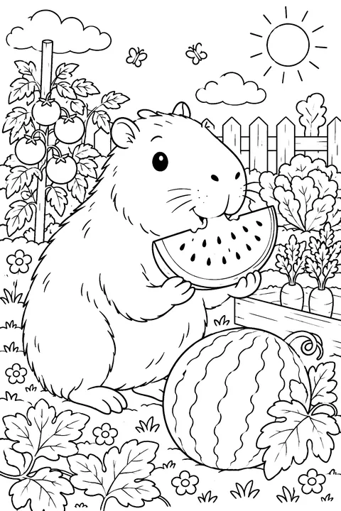 Capybara eating watermelon in a vegetable garden coloring page