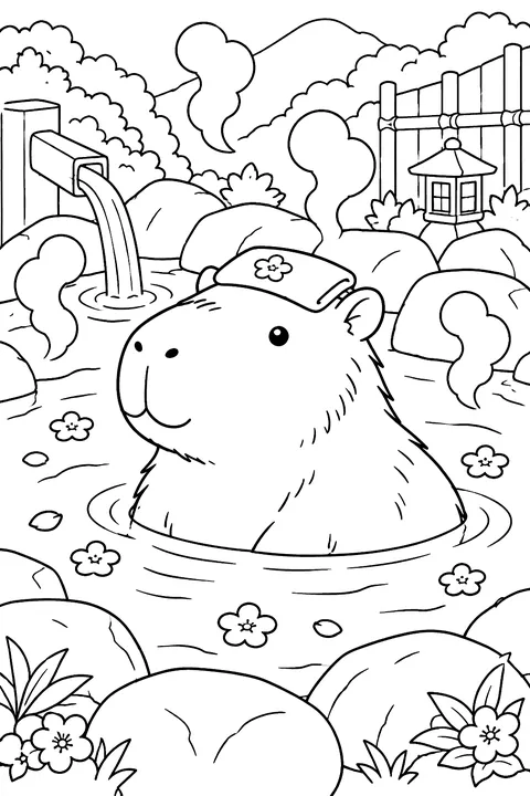 Capybara relaxing in a steaming hot spring with stones coloring page