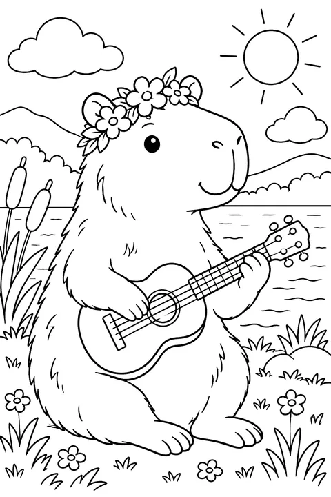 Capybara playing a ukulele coloring page
